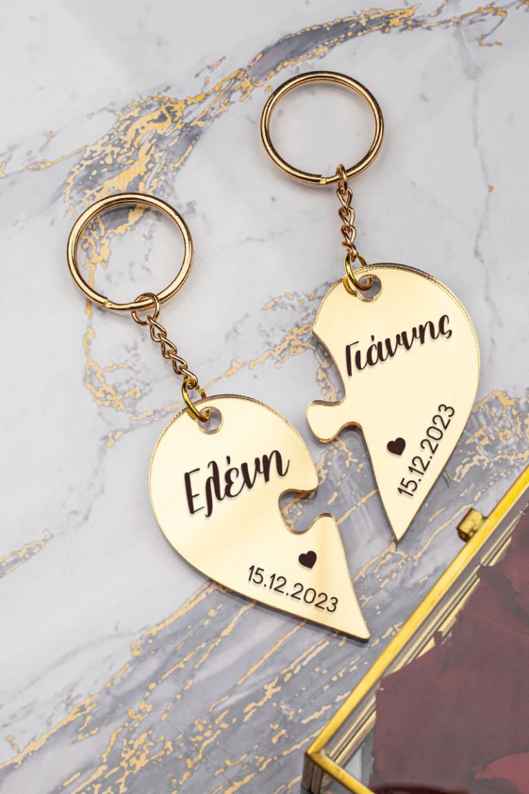 Σετ 2 Μπρελόκ Κλειδιών Golden Mirror Σχήμα Καρδιά για Ζευγάρι