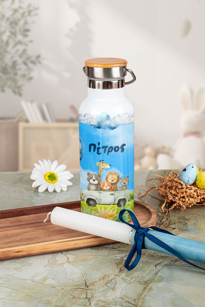 Παγούρι Θερμός με Premium Λαμπάδα και Σχέδιο Ζώα σε Αμάξι