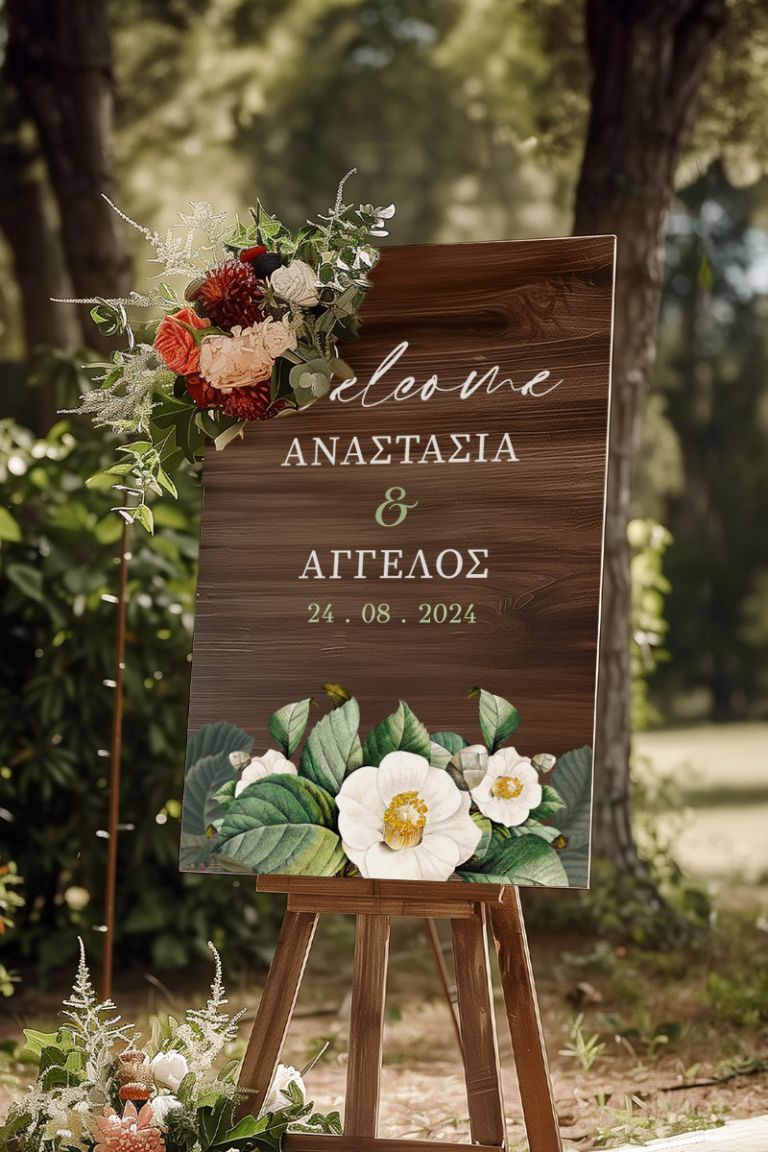 Επιγραφή Καλωσορίσματος Γάμου με Σχέδιο Λευκά Λουλούδια