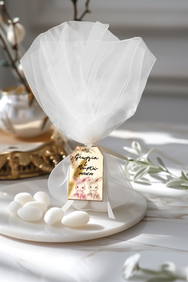 Μπομπονιέρες Βάπτισης με Τούλι & Σχέδιο Δίδυμα Λαγουδάκια