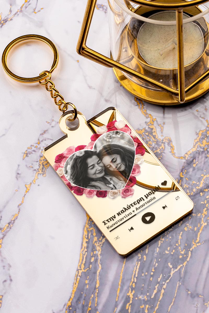 Μπρελόκ Κλειδιών Golden Mirror με Φωτογραφία Rose Heart