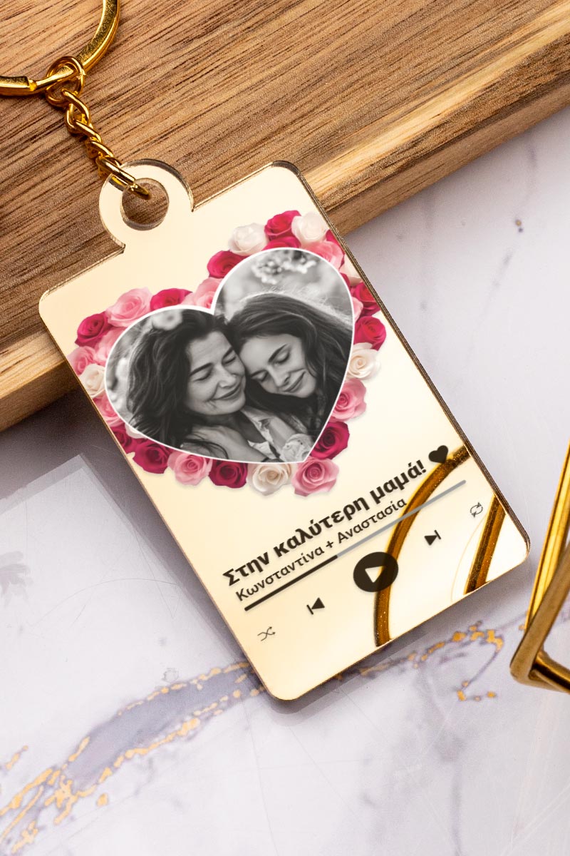 Μπρελόκ Κλειδιών Golden Mirror με Φωτογραφία Rose Heart