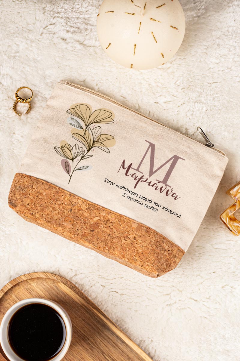 Προσωποποιημένο Εκρού Τσαντάκι & Νεσεσέρ Καλλυντικών με φελλό Minimal Τουλίπες