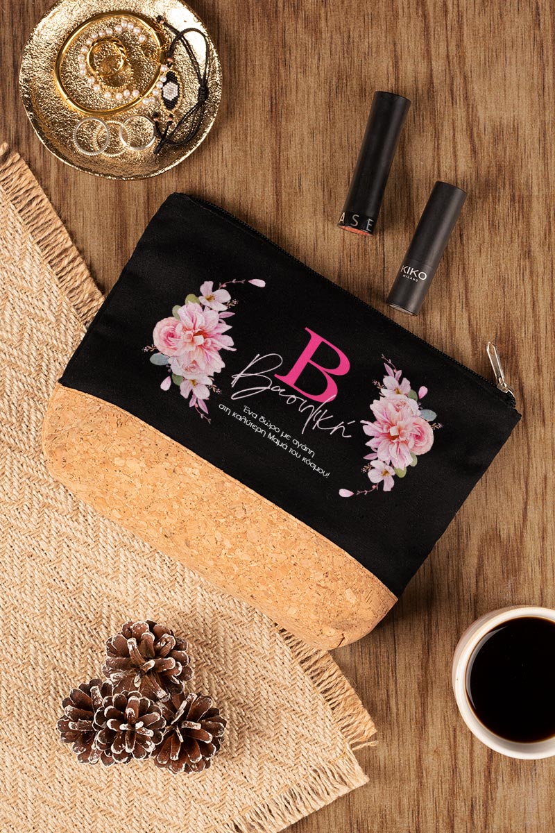 Προσωποποιημένο Μαύρο Τσαντάκι & Νεσεσέρ Καλλυντικών με φελλό Ροζ Λουλούδια