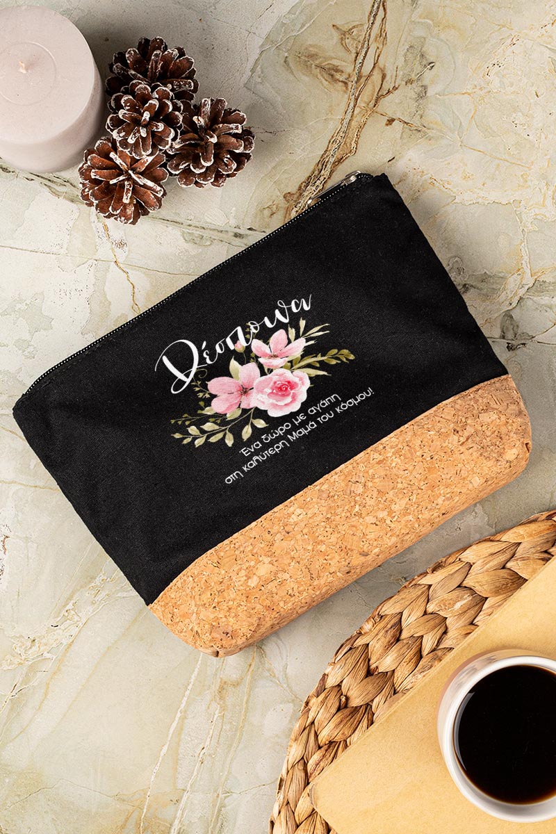 Προσωποποιημένο Μαύρο Τσαντάκι & Νεσεσέρ Καλλυντικών με φελλό Ροζ Κλασσικά Λουλούδια