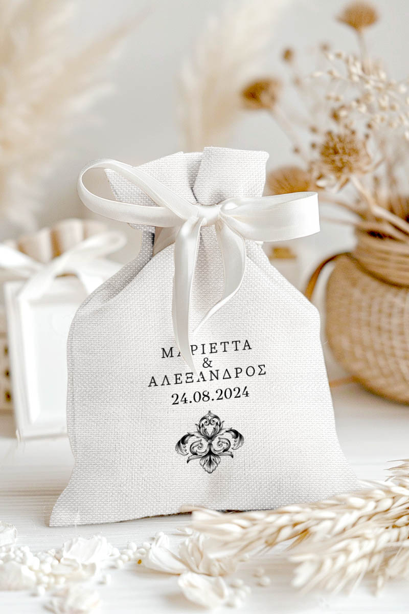 Μπομπονιέρες Γάμου Πουγκί σε Λευκό Χρώμα με Σχέδιο Baroque Λουλούδι