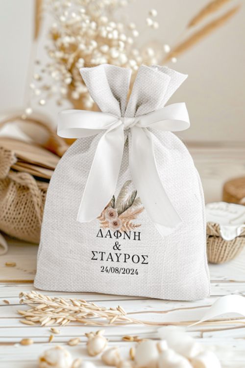Μπομπονιέρες Γάμου Πουγκί σε Λευκό Χρώμα με Σχέδιο Boho Διάθεση