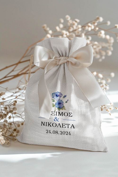 Μπομπονιέρες Γάμου Πουγκί σε Λευκό Χρώμα με Σχέδιο Καλοκαιρινή Ανθοδέσμη