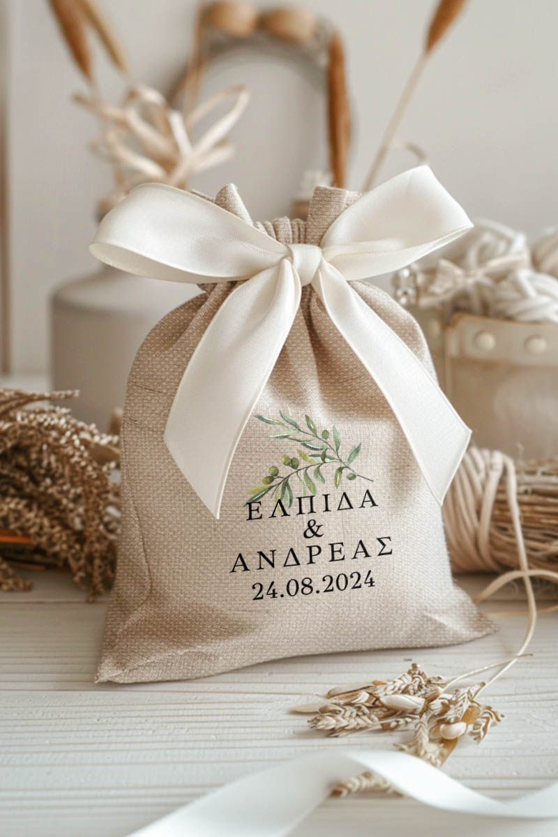 Μπομπονιέρες Γάμου Πουγκί σε Εκρού Χρώμα με Σχέδιο Πράσινη Φυλλωσιά