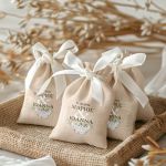 Μπομπονιέρες Γάμου Πουγκί σε Εκρού Χρώμα με Σχέδιο Λευκή Ανθοδέσμη