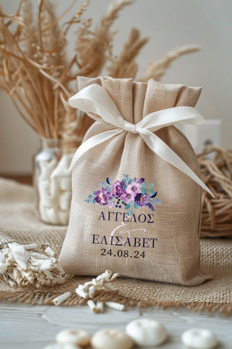 Μπομπονιέρες Γάμου Πουγκί σε Εκρού Χρώμα με Σχέδιο Ανοιξιάτικος Κήπος