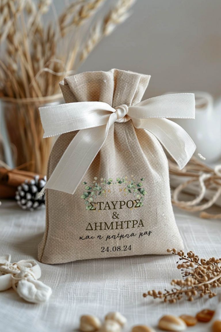 Μπομπονιέρες Γάμου Βάπτισης Πουγκί σε Εκρού Χρώμα με Σχέδιο Καλοκαιρινά Χρώματα