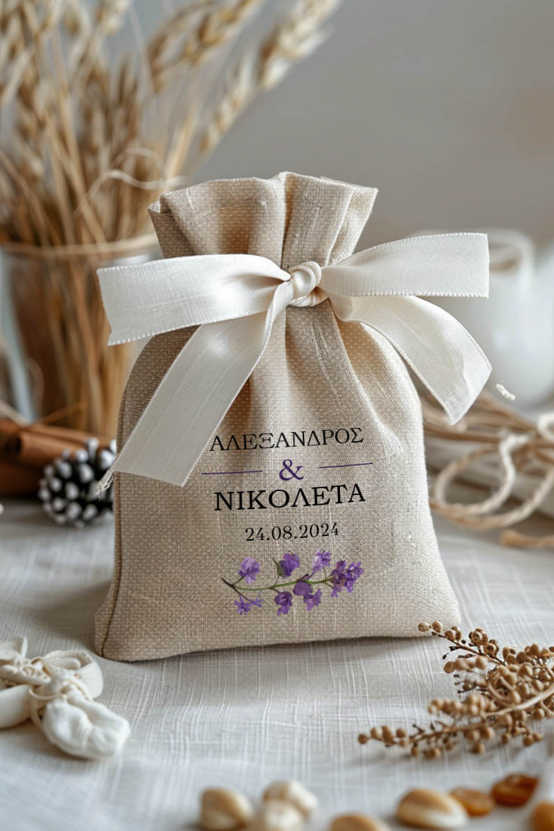 Μπομπονιέρες Γάμου Πουγκί σε Εκρού Χρώμα με Σχέδιο Μωβ Άνθη