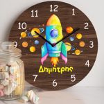 Παιδικό Ρολόι Τοίχου με Premium Λαμπάδα και Σχέδιο Πολύχρωμο Διαστημόπλοιο