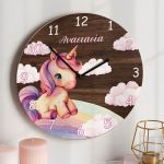 Παιδικό Ρολόι Τοίχου Ξύλινο για Κορίτσι με Σχέδιο Μονόκερο