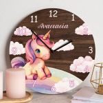 Παιδικό Ρολόι Τοίχου Ξύλινο για Κορίτσι με Σχέδιο Μονόκερο
