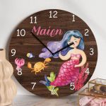 Παιδικό Ρολόι Τοίχου Ξύλινο για Κορίτσι με Σχέδιο Ωκεανός