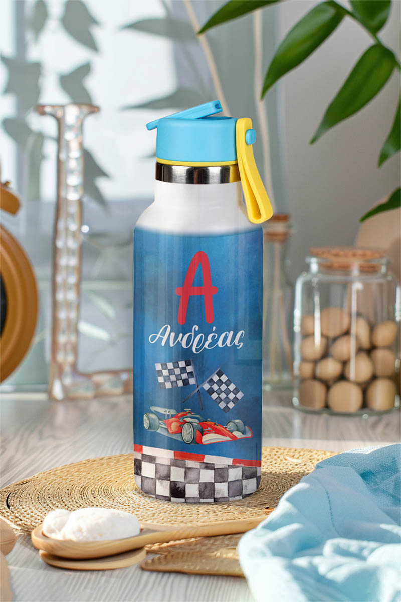 Παιδικό Παγούρι Θερμός με Όνομα & Καλαμάκι, Race Car