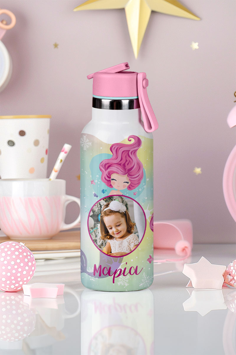 Παιδικό Παγούρι Θερμός με Όνομα & Καλαμάκι, Purple Mermaid