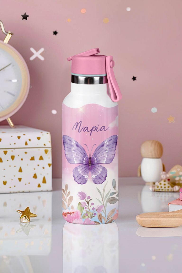 Παιδικό Παγούρι Θερμός με Όνομα & Καλαμάκι, Purple Butterfly