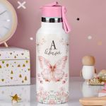 Παιδικό Παγούρι Θερμός με Όνομα & Καλαμάκι, Roses & Butterfly