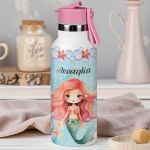 Παιδικό Παγούρι Θερμός με Όνομα & Καλαμάκι, Red Hair Mermaid