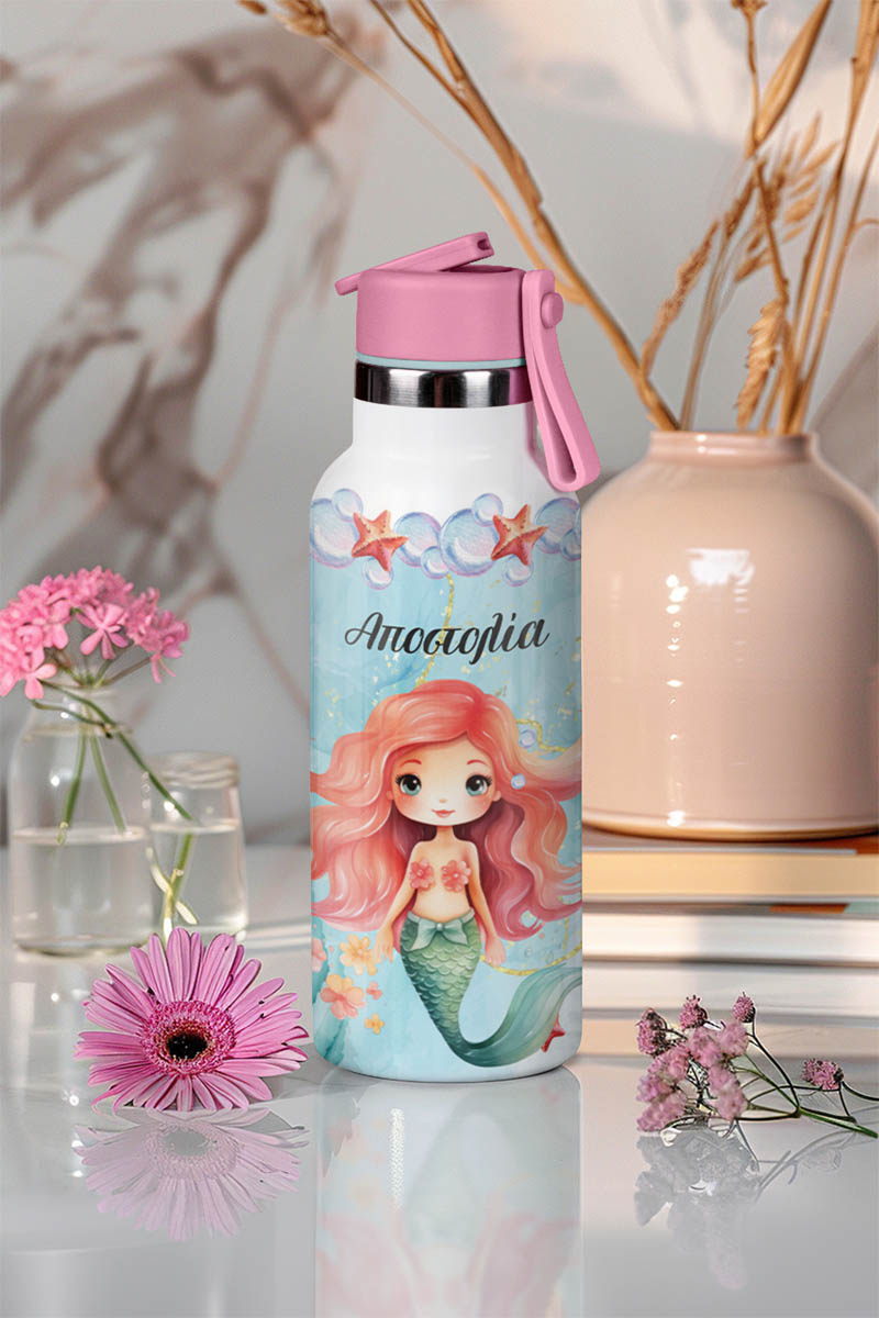Παιδικό Παγούρι Θερμός με Όνομα & Καλαμάκι, Red Hair Mermaid