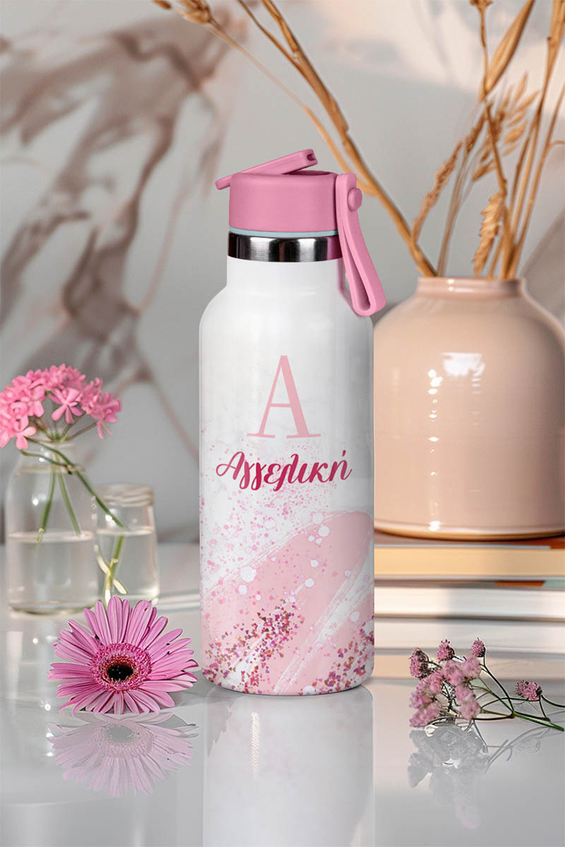 Παιδικό Παγούρι Θερμός με Όνομα & Καλαμάκι, Girly Marble