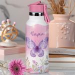 Παιδικό Παγούρι Θερμός με Όνομα & Καλαμάκι, Purple Butterfly
