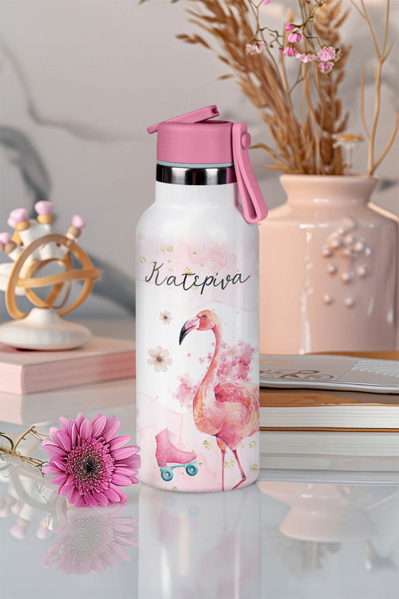 Παιδικό Παγούρι Θερμός με Όνομα & Καλαμάκι, Flamingo Peace