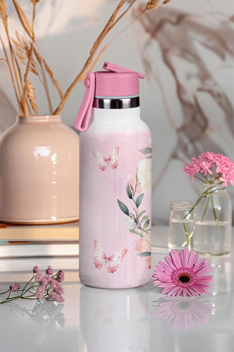 Παιδικό Παγούρι Θερμός με Όνομα & Καλαμάκι, Pink Flowers