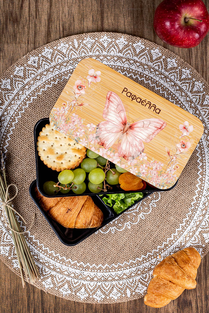 Δοχείου Φαγητού 2 Επιπέδων, με το Όνομα του Παιδιού, Flowers