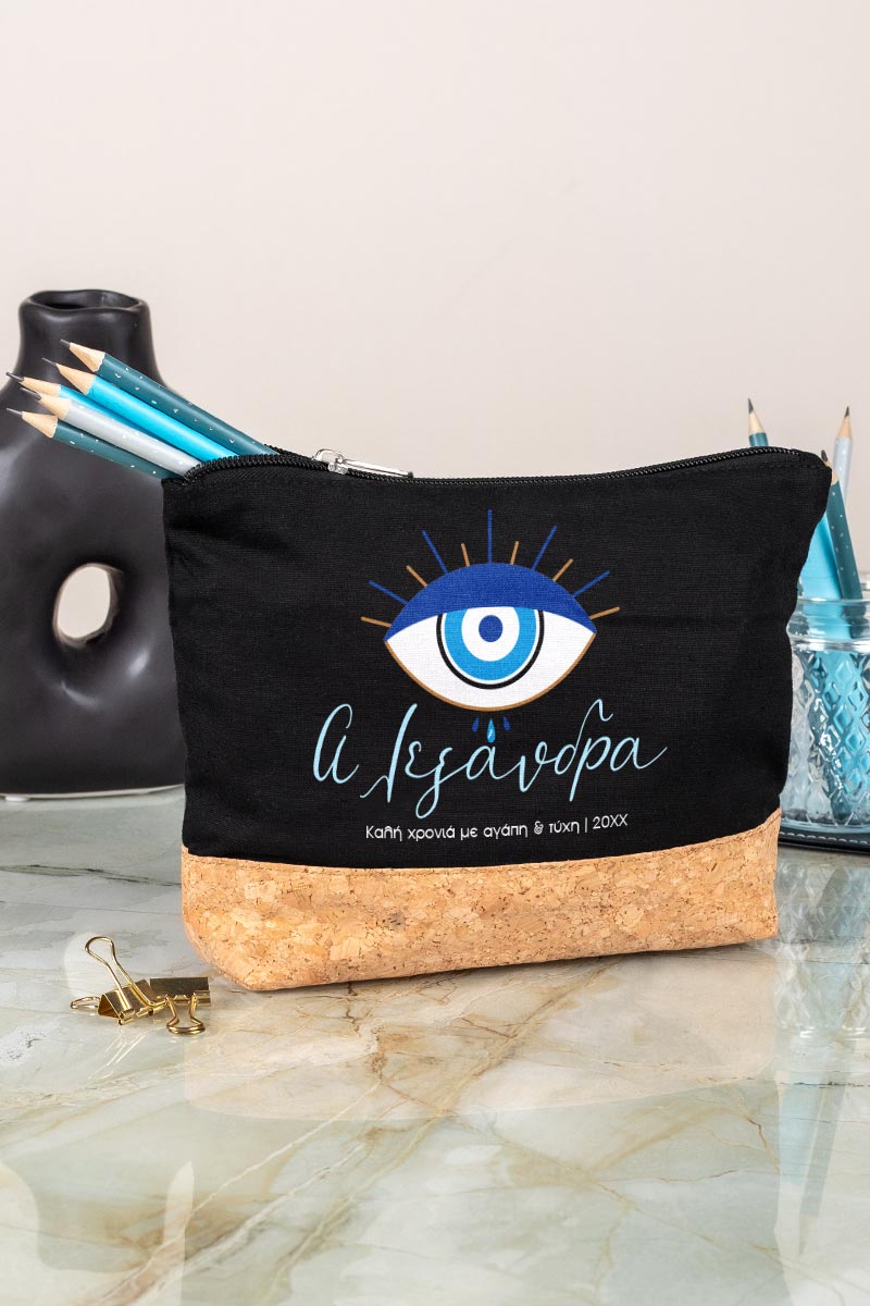 Μεγάλο Μαύρο Τσαντάκι & Νεσεσέρ με Φελλό και Σχέδιο Μάτι