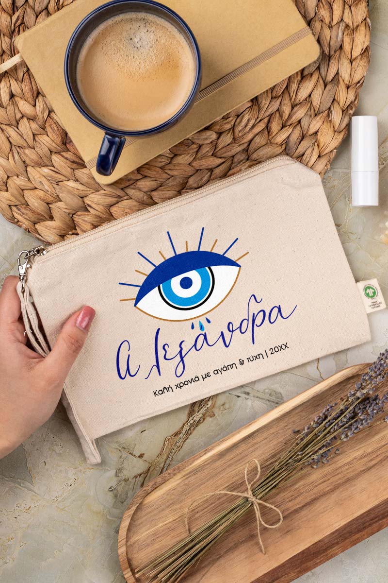 Μεγάλο Εκρού Τσαντάκι & Νεσεσέρ με Φελλό και Σχέδιο Μάτι