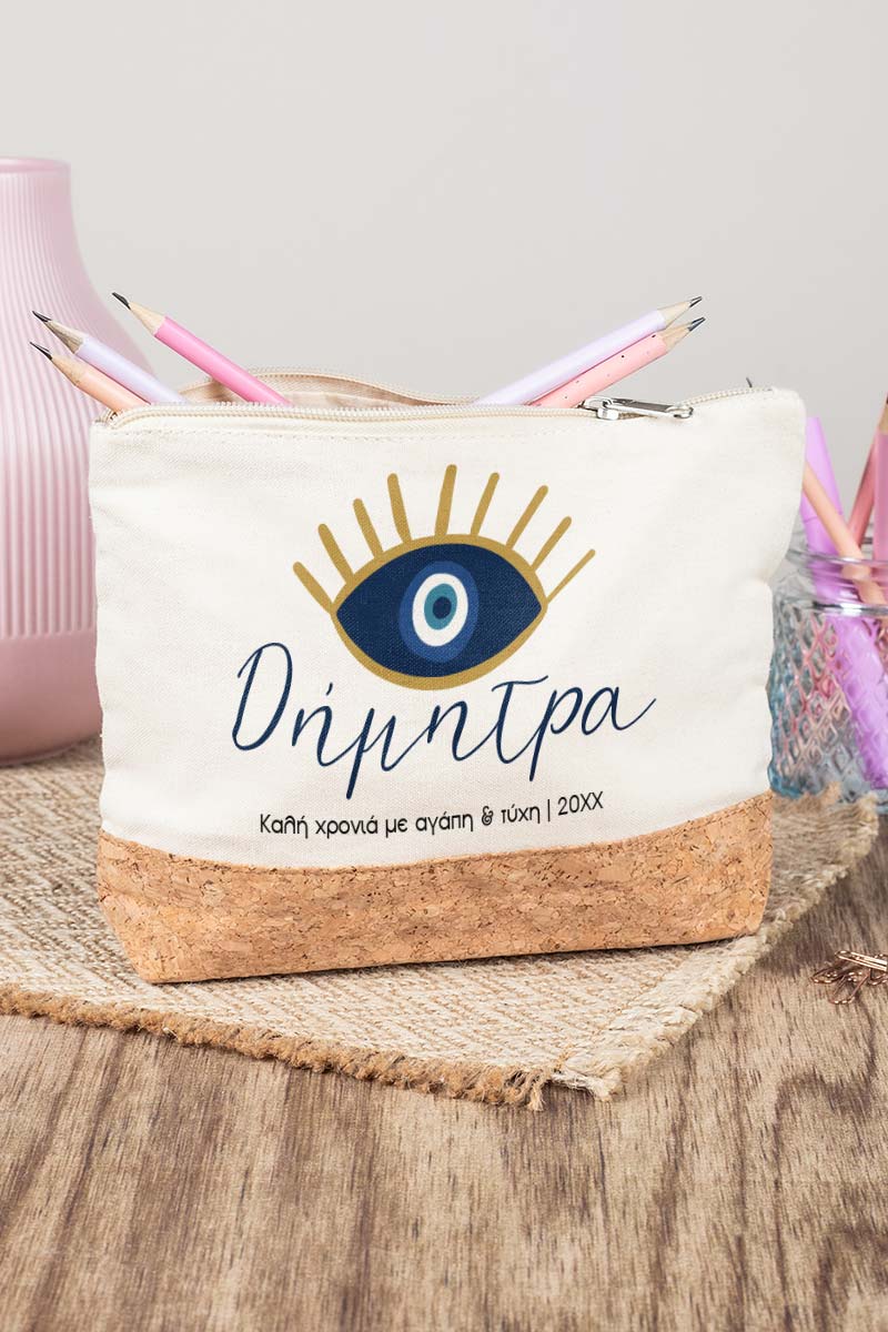 Μεγάλο Εκρού Τσαντάκι & Νεσεσέρ με Φελλό και Σχέδιο Μάτι