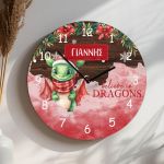 Χριστουγεννιάτικο Ρολόι Τοίχου Ξύλινο με Όνομα και Σχέδιο Δράκος