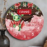 Χριστουγεννιάτικο Ρολόι Τοίχου Ξύλινο με Όνομα και Σχέδιο Δράκος