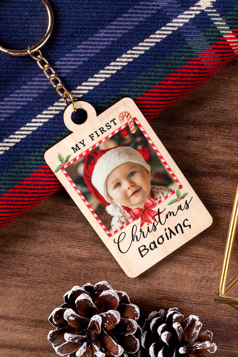 Χριστουγεννιάτικο Μπρελόκ Ξύλινο με Φωτογραφία και Όνομα