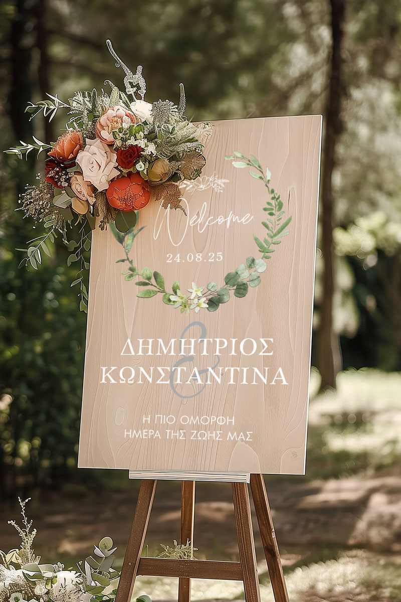 Ταμπέλα Καλωσορίσματος Γάμου με Σχέδιο Στεφάνι Λουλουδιών