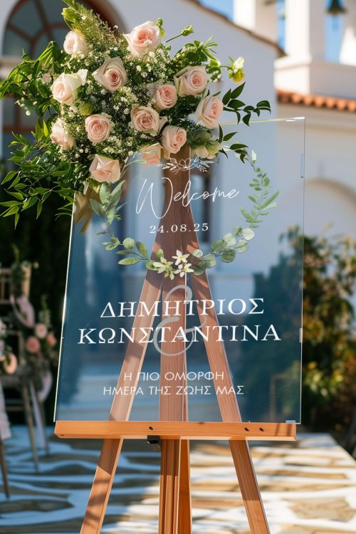 Διακοσμητική Πινακίδα Γάμου με Σχέδιο Στεφάνι Λουλουδιών