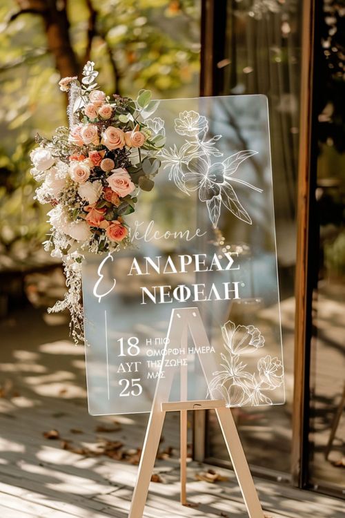 Ταμπέλα Καλωσορίσματος Γάμου με Σχέδιο Γραμμικά Λουλούδια