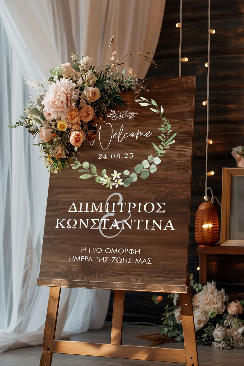 Επιγραφή Καλωσορίσματος Γάμου με Σχέδιο Στεφάνι Λουλουδιών