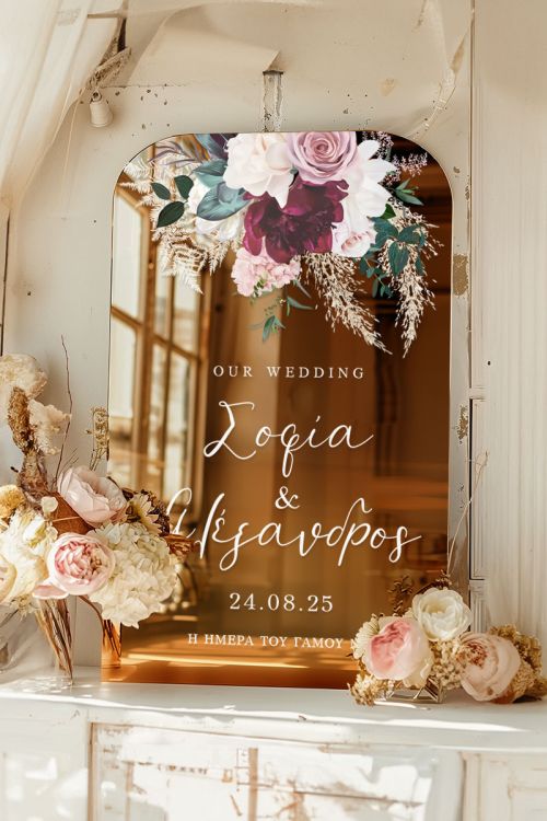 Ταμπέλα Καλωσορίσματος Γάμου με Ρομαντικό Floral Σχέδιο