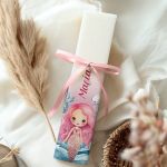 Χειροποίητη Πασχαλινή Λαμπάδα Πλακέ με Σχέδιο Ροζ Γοργόνα