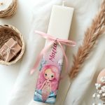 Χειροποίητη Πασχαλινή Λαμπάδα Πλακέ με Σχέδιο Ροζ Γοργόνα