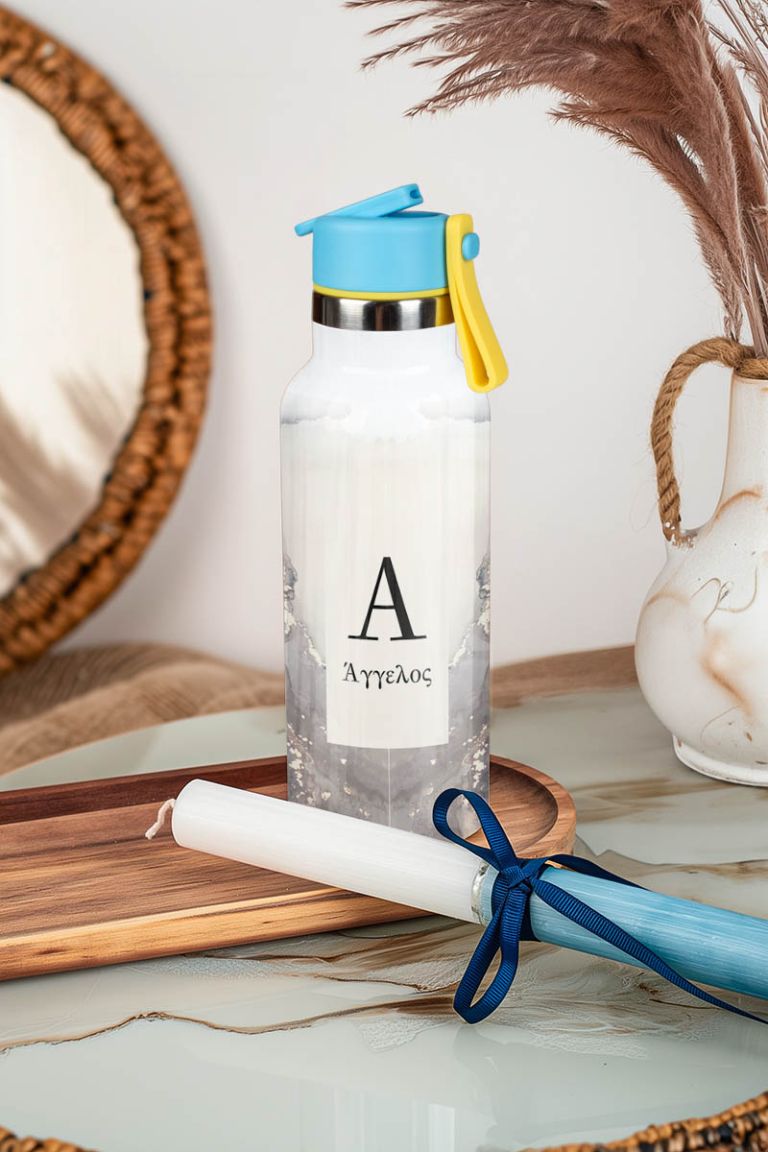 Θερμός με Καλαμάκι σε Σχέδιο Grey Marble & Premium Λαμπάδα