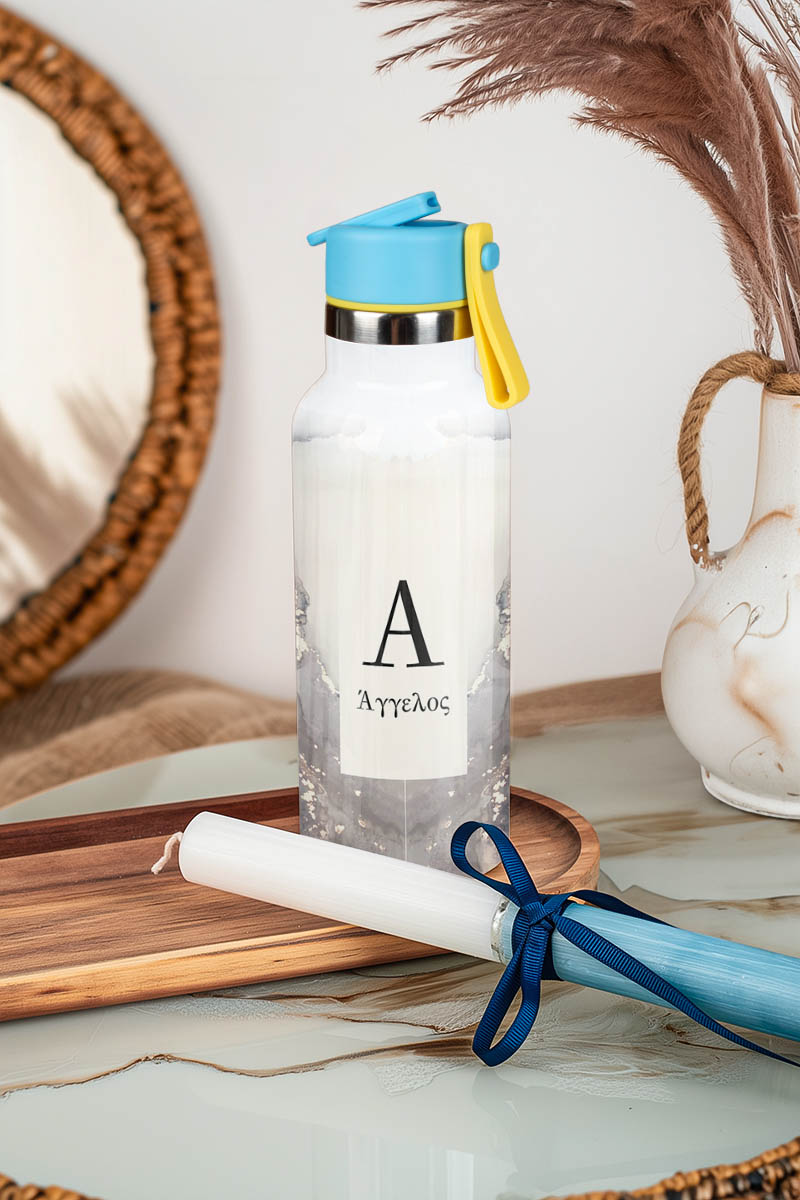 Θερμός με Καλαμάκι σε Σχέδιο Grey Marble & Premium Λαμπάδα