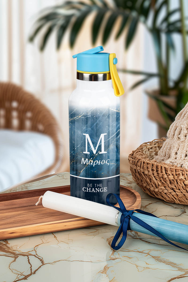 Θερμός με Καλαμάκι σε Σχέδιο Blue Design & Premium Λαμπάδα