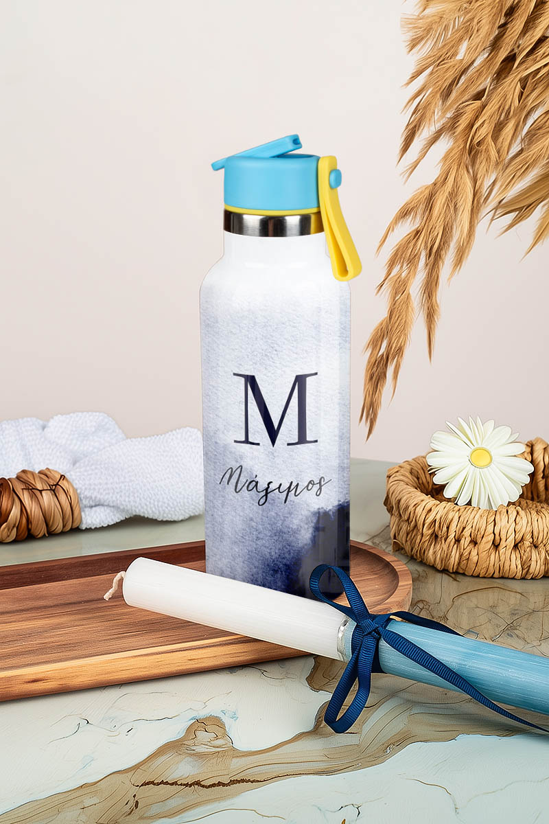 Θερμός με Καλαμάκι σε Σχέδιο Blue Pattern & Premium Λαμπάδα