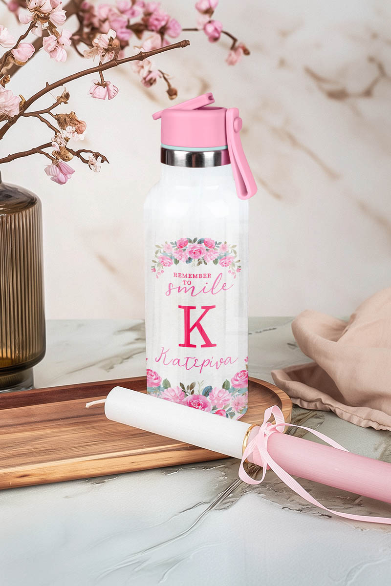 Παγούρι με Καλαμάκι σε Σχέδιο Pink Roses & Premium Λαμπάδα